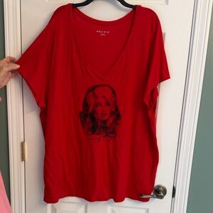 Ava & Viv Red V-Neck Graphic Tee with Black Portrait Print of Dolly Parton